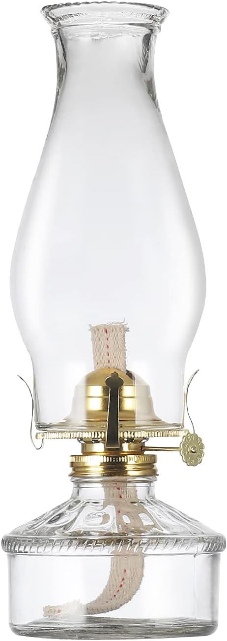 Tall Clear Glass Oil Lamp | 31.5cm Height | Adjustable Flame | Vintage Decorative & Emergency Lighting
