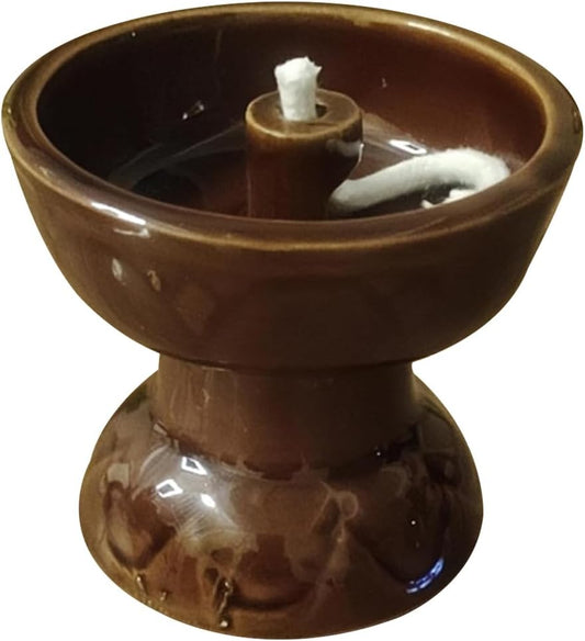 Mini Vintage Ceramic Oil Lamp with Cotton Wick | Handcrafted Brown Clay Lantern for Meditation, Prayer, Home Decor, or Festival Use – 2.67" x 2.36"