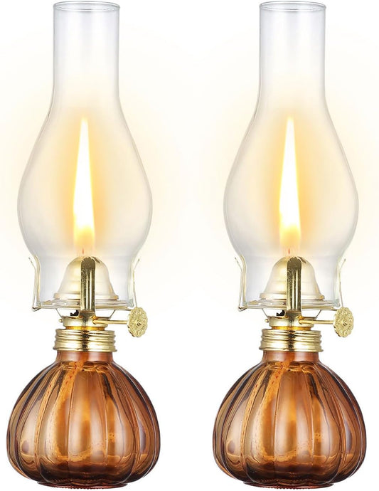 Vintage Oil Lamp Set of 2 – Glass Hurricane Lanterns with Adjustable Wick for Home Decor & Emergency Lighting