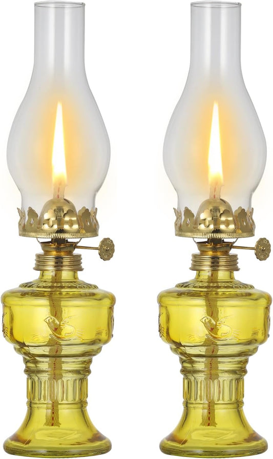 Vintage Yellow Glass Oil Lamp with Pedestal Base | Adjustable Flame | Decorative & Emergency Lighting