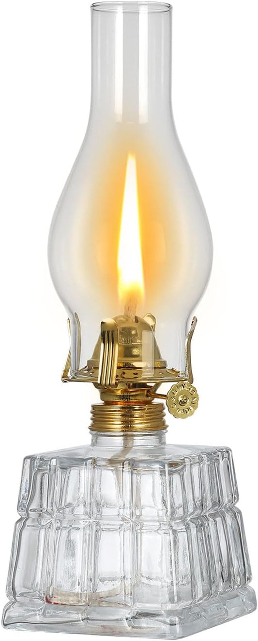 Vintage Kerosene Oil Lamp with Thickened Glass Square Base – 11" Tall Classic Lantern with Glass Chimney & Adjustable Flame Burner for Home, Camping, Decor