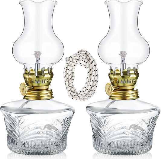 7.08-Inch Vintage Glass Kerosene Lamp with Brass Burner & 2M Round Cotton Wick | Decorative Oil Lantern for Home, Tabletop, Emergency Use